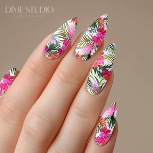 Hot Pink Tropical Floral Hibiscus Nail Decals - Water Transfer Nail Wraps - Summer Vacation Nail Art - Manicure Accessories