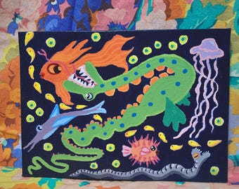 Original "Many Fish" Acrylic Painting on Canvas (7" x 5")