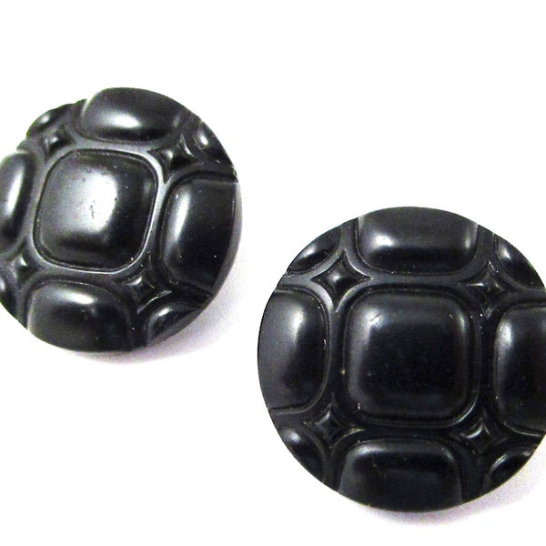 Pair Antique Victorian Black Glass Buttons Mourning Pressed Jet Puffy Raised Design Sewing Jewelry Upcycle Repurpose Earrings Bracelets