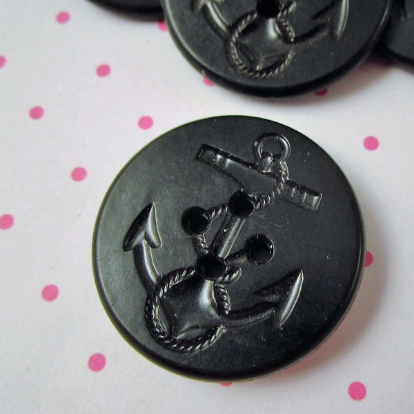 2 Large Vintage Anchor Plastic Buttons 1 1/4" Black Navy Peacoat Nautical Sailing Upcycle Repurpose Crafting Supplies