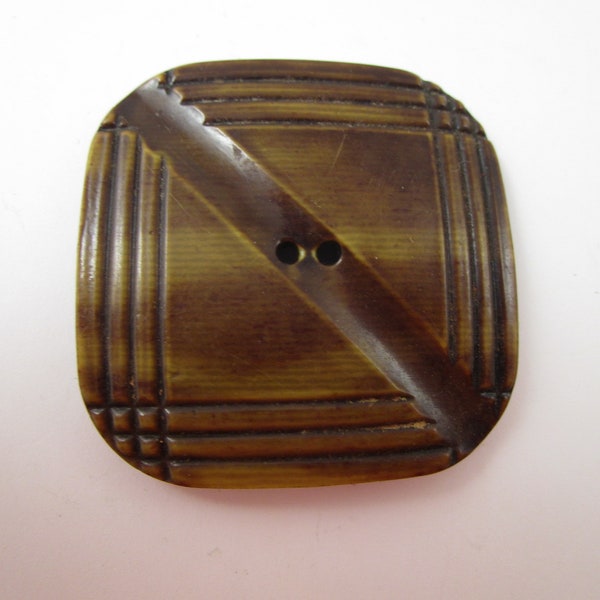 Large Vintage Square Celluloid Button 1 7/8" Molded Lined Plastic Design Brown 1950s Upcycle Jewelry Assemblage Crafts