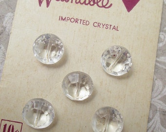 Vintage NOS 5 Crystal Buttons on Original Card 9/16" Wide Faceted Design Germany Shank Backs Repurpose Upcycle Crafting Sewing