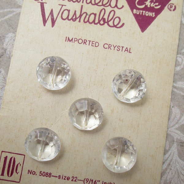 Vintage NOS 5 Crystal Buttons on Original Card 9/16" Wide Faceted Design Germany Shank Backs Repurpose Upcycle Crafting Sewing