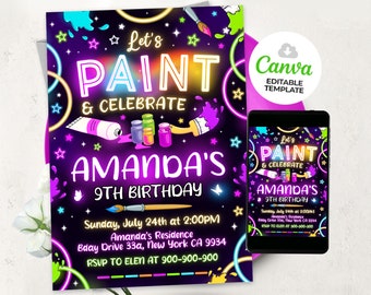 Pottery Painting Birthday Invitation, Rainbow Paint & Celebrate Ceramics Party Invite, Canva Editable Template 03M01