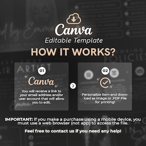 Może przedstawiać: Grafika z tekstem "Canva Editable Template" i tekstem "HOW IT WORKS?" z dwoma krokami: "Otrzymasz link do swojego adresu e-mail i/lub konta użytkownika, kt&oacute;ry umożliwi Ci edycję." i "Spersonalizuj element i pobierz go jako obraz lub plik PDF do wydrukowania!"