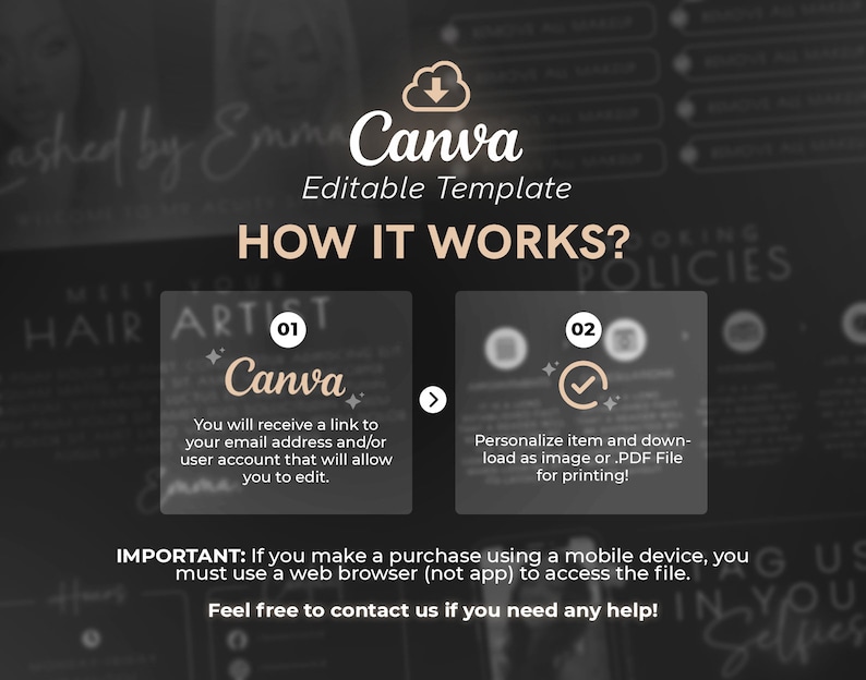 Może przedstawiać: Grafika z tekstem "Canva Editable Template" i tekstem "HOW IT WORKS?" z dwoma krokami: "Otrzymasz link do swojego adresu e-mail i/lub konta użytkownika, kt&oacute;ry umożliwi Ci edycję." i "Spersonalizuj element i pobierz go jako obraz lub plik PDF do wydrukowania!"