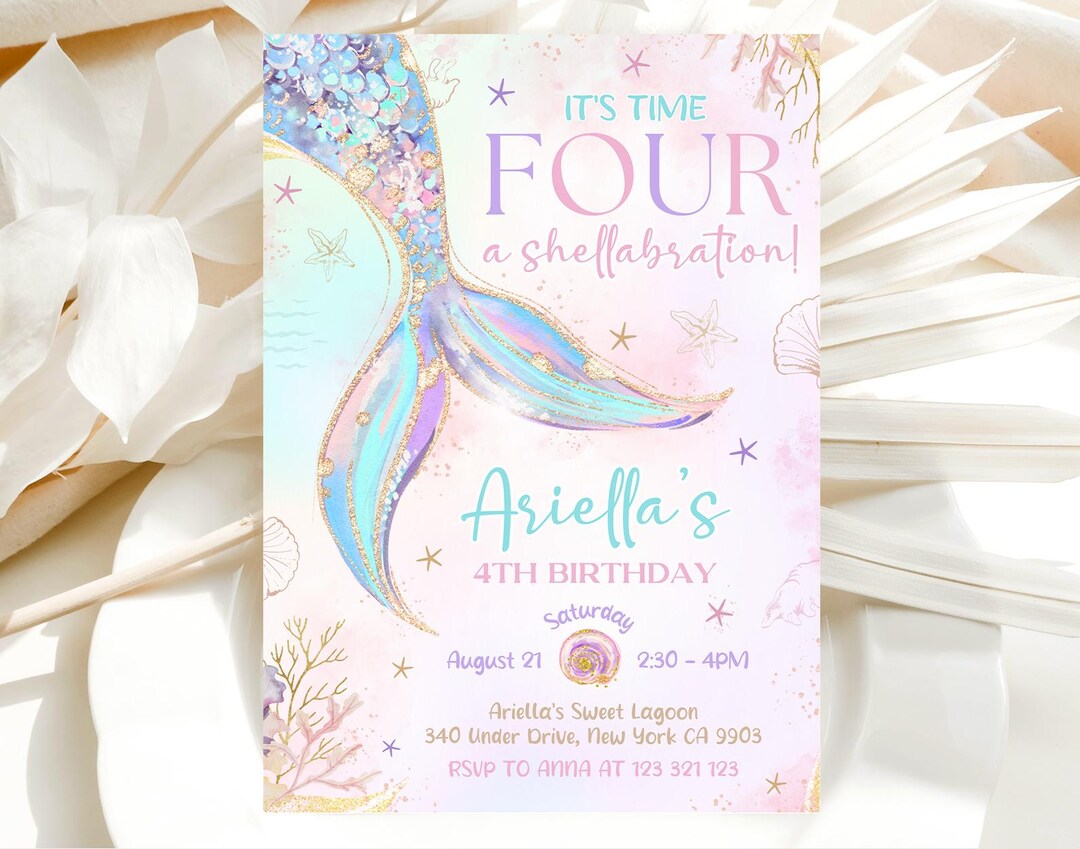 Four Birthday Invitation, 4th Mermaid Invitation, Mermaid Tail Fourth ...