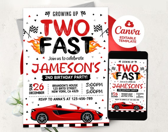 Two Fast Invitation, Racing Car Invites, Racing car 2nd Birthday Invitations, BS2401