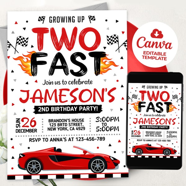 Two Fast Invitation, Racing Car Invites, Racing car 2nd Birthday Invitations, BS2401