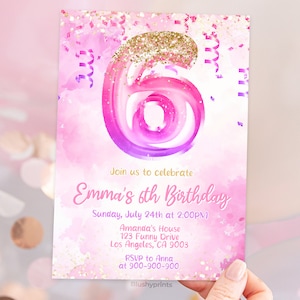 Girl 6th Birthday Invitation, Pink Glitter Birthday Invite, Balloon Number Invite, Canva Editable Template BS2401