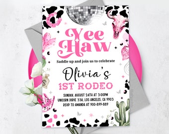 Invitación de cumpleaños de vaquera espacial, invitación de cumpleaños de rodeo, invitaciones de vaquera rosa, Canva editable BS2402