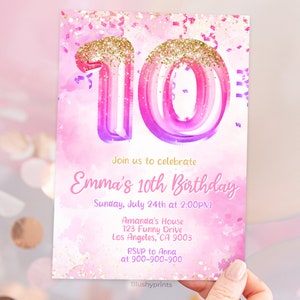 Mädchen zum 10. Geburtstagseinladung, Pink Glitter Geburtstag einladen, Ballon Nummer einladen, Canva bearbeitbare Vorlage BS2401