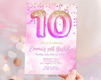 May include: Pink and purple watercolor birthday invitation with gold glitter and confetti. The invitation says "Join us to celebrate Emma's 10th Birthday, Sunday, July 24th at 2:00PM, Amanda's House, 123 Funny Drive, Los Angeles, CA 9003, RSVP to Anna at 900-900-900".