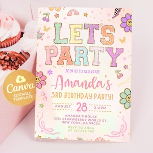 Invitación con letra de parche, invitación de cumpleaños retro para niña, fiesta universitaria con parche, invitación preppy, plantilla imprimible, Canva editable BS2401