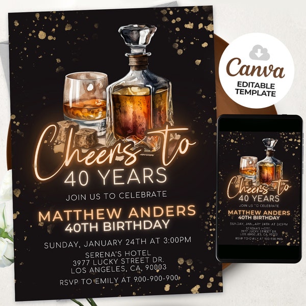 Editable Whiskey Birthday Invitation, Editable Adult Men Birthday Invite, 30th 40th 50th Any Age, BS2401