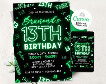 Neon 13Th Birthday Invitation, Boy Birthday Invitation, Glow Invitation, Canva Template BS2401