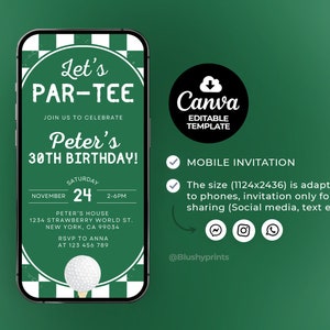 Op de afbeelding: Een groen en wit mobiel telefoonscherm met een golf-thema verjaardagsuitnodiging voor Peter's 30e verjaardag. De uitnodiging zegt "Let's Par-Tee" en bevat de datum, tijd en locatie van het feest. De uitnodiging bevat ook een golfbalafbeelding.