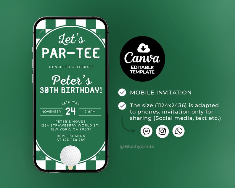 Op de afbeelding: Een groen en wit mobiel telefoonscherm met een golf-thema verjaardagsuitnodiging voor Peter's 30e verjaardag. De uitnodiging zegt "Let's Par-Tee" en bevat de datum, tijd en locatie van het feest. De uitnodiging bevat ook een golfbalafbeelding.