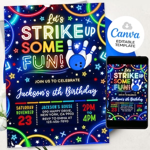 Bowling Birthday Invitation, Let&#39;s strike up some fun bowling party invitation, rainbow neon glow invitation, Canva Editable BS2502