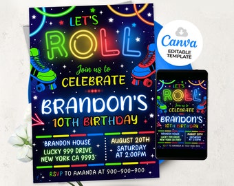 May include: Neon blue and green roller skate birthday party invitation with the text "Let's Roll" and "Join us to celebrate Brandon's 10th Birthday". The invitation includes the date, time, and location of the party.