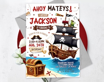 海賊の誕生日招待状、Ahoy Mateys、海賊招待状、海賊パーティー、男の子の誕生日招待状、編集可能なCanva BS2401