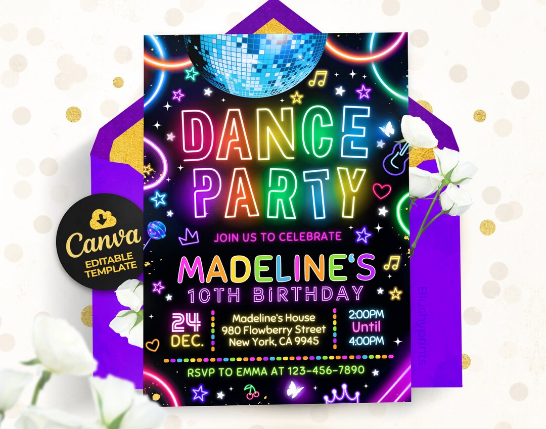 Dance party birthday invitation neon glow invite glow dance