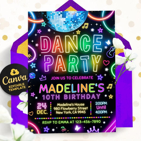 Dance Party Birthday Invitation, Neon Glow Invite, Glow Dance Invitation, Neon Invitation, BS2401
