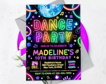 May include: Neon pink, blue, green, and yellow text on a black background reads "Dance Party" with a disco ball and stars. The text "Join us to celebrate Madeline's 10th Birthday" is below. The date is 24 Dec. and the time is 2:00 PM to 4:00 PM. The text "RSVP to Emma at 123-456-7890" is at the bottom.