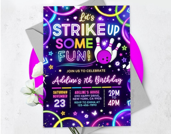 Bowling Birthday Invitation, Let's strike up some fun bowling party invitation, rainbow neon glow invitation, Canva Editable BS2501