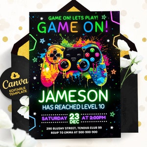 Video Game Party Invitation, Level Up Birthday Invite, Gamer Boy Template, Arcade Party, Family Night, BS2401