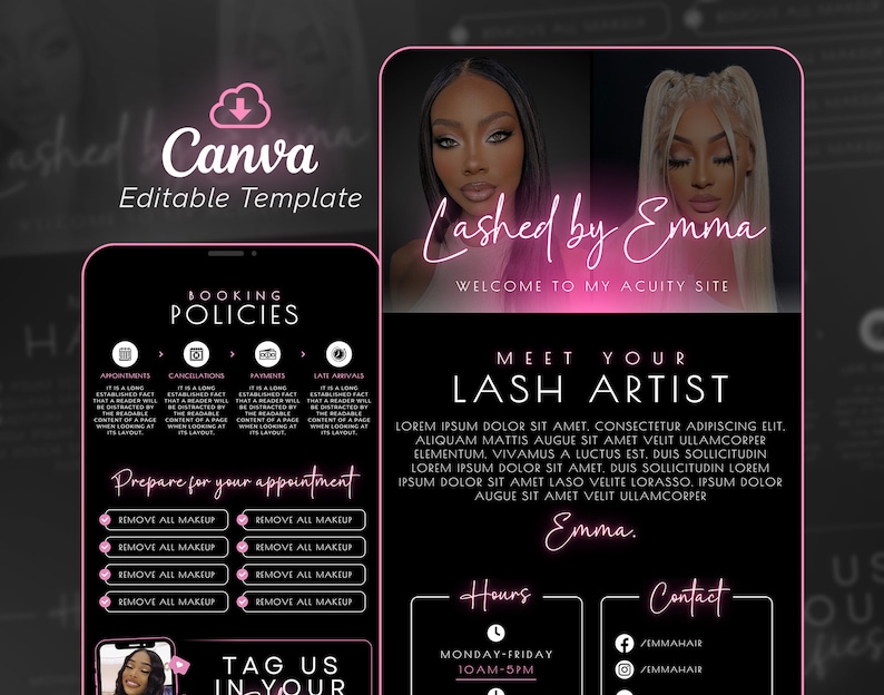 May include: A pink and black digital marketing template for a lash artist named Emma. The template includes a booking policy section, a meet your lash artist section, hours of operation, and contact information. The text "Lashed by Emma" is written in a pink cursive font.