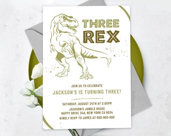 Three Rex Dinosaur Birthday Invitation Retro T Rex, Dinosaur Invitation, 3rd birthday invitation, 04M01