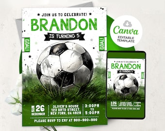 Invitación de cumpleaños de fútbol, invitación editable de fútbol para niños, BS2401