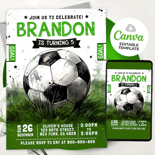 Soccer Birthday Invitation, Editable Boy Soccer Invitation, BS2401