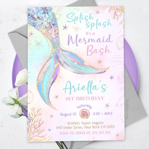 Mermaid Birthday Invitation, Mermaid Bash Under the Sea Birthday Invite, Mermaid Invites, Editable Canva BS2402