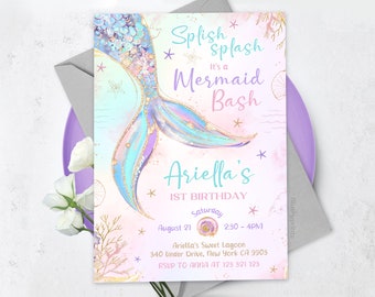 Mermaid Birthday Invitation, Mermaid Bash Under the Sea Birthday Invite, Mermaid Invites, Editable Canva BS2402