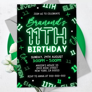 Inbjudan till 11-årsdag i neon, födelsedagsinbjudan till pojke, glödande inbjudan, Canva-mall BS2401
