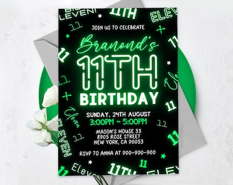May include: A black and green birthday invitation with neon green text that says "Join us to celebrate Brandon's 11th Birthday". The invitation includes the date, time, and location of the party.