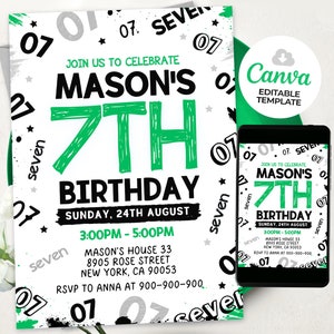 Boy 7Th Birthday Invitation, Boy Invites, 7th invites, Any Age Invitations, Canva Editable Template BS2401
