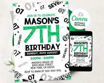 Könnte beinhalten: Eine weiße Geburtstagseinladung mit schwarzem und grünem Text. Die Einladung ist für Masons 7. Geburtstag. Die Party findet am Sonntag, den 24. August von 15:00 bis 17:00 Uhr in Masons Haus, 33 8905 Rose Street, New York, CA 90053 statt. RSVP an Anna unter 900-900-900.