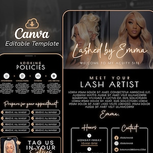 May include: A black and gold business card with the text "Lashed by Emma" and a photo of a woman with long blonde hair. The card includes information about booking appointments, cancellation policies, and contact information. The text "Meet Your Lash Artist" is also included.