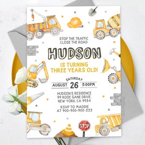 Construction Invitation, Construction Birthday Invitations, Dump Truck Party Invite, Printable Template, Editable Canva BS2402