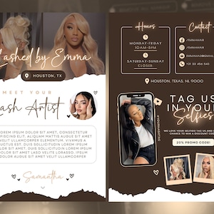 Może przedstawiać: Brązowo-biała ulotka z tekstem "Lashed by Emma" i pinezką z lokalizacją z tekstem "Houston, TX". Ulotka zawiera r&oacute;wnież tekst "Meet Your Lash Artist" i cytat o usługach rzęsowych. Ulotka zawiera r&oacute;wnież sekcję z godzinami otwarcia i danymi kontaktowymi. Ulotka zawiera r&oacute;wnież sekcję z konkursem z tekstem "Tag Us In Your Selfies" i kodem promocyjnym 20%.