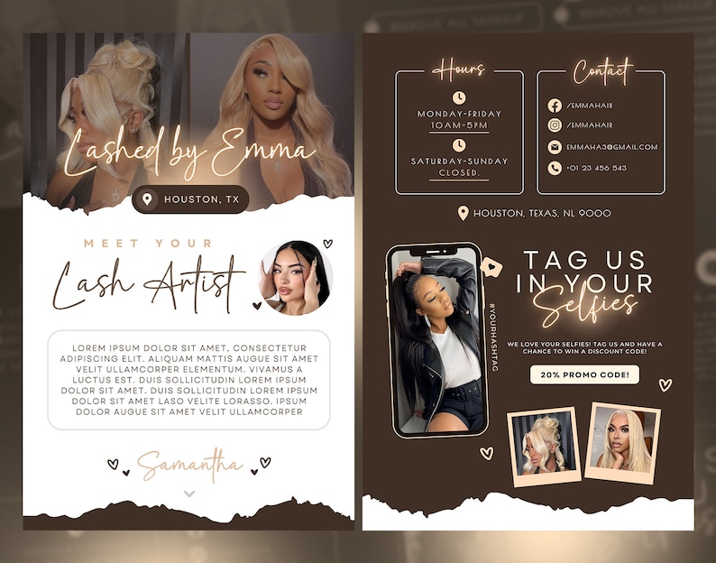 Może przedstawiać: Brązowo-biała ulotka z tekstem "Lashed by Emma" i pinezką z lokalizacją z tekstem "Houston, TX". Ulotka zawiera r&oacute;wnież tekst "Meet Your Lash Artist" i cytat o usługach rzęsowych. Ulotka zawiera r&oacute;wnież sekcję z godzinami otwarcia i danymi kontaktowymi. Ulotka zawiera r&oacute;wnież sekcję z konkursem z tekstem "Tag Us In Your Selfies" i kodem promocyjnym 20%.