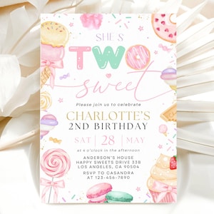 May include: A pastel-themed birthday invitation with the text "She's Two Sweet" and "Charlotte's 2nd Birthday." The design features illustrations of ice cream, donuts, and sweets. The invitation is set against a white backdrop.