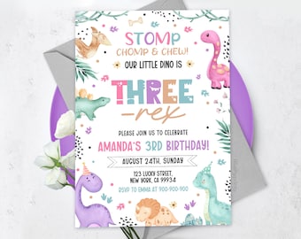 Dinosaur 3rd Birthday Invitation, Girl Dinosaur Invitation, Three-Rex Party Invite Dino Pink, Editable Canva Template BS2401