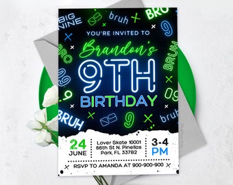 Boy 9Th Birthday Invitation, Bruh Birthday Invitation, Neon, Glow Invitation, Canva Template BS2401