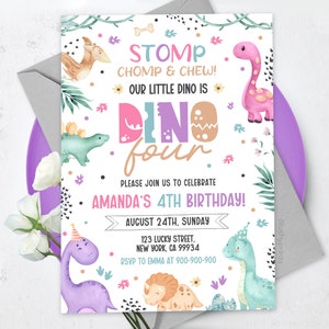 Dino-Four Dinosaur Birthday Invitation Dino T-Rex 4th Birthday Fourth Rawr Girl Pink Dino, Editable Canva Template BS2401