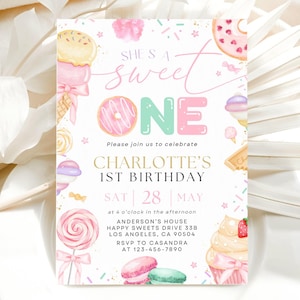 Sweet One Birthday Invitation, Girl 1st Birthday Invite, Dessert Theme Invite, Candy Donut Ice Cream Sweets Party Editable, Canva 5x7
