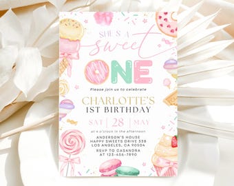 Sweet One Birthday Invitation, Girl 1st Birthday Invite, Dessert Theme Invite, Candy Donut Ice Cream Sweets Party Editable, Canva 5x7